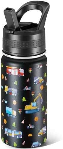 14 Oz Kids Water Bottle, Stainless Steel Water Bottle with Straws
