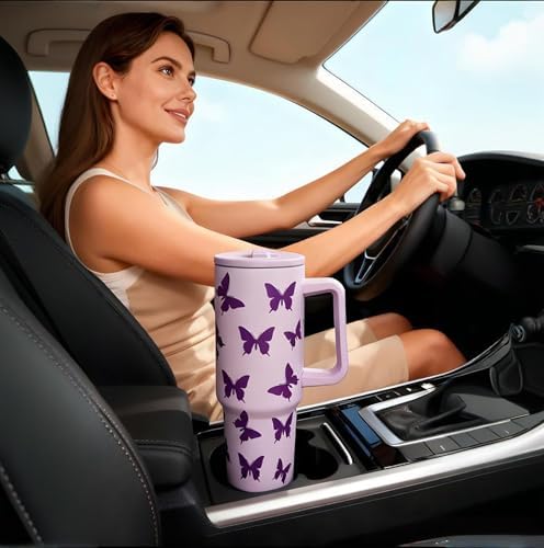 40OZ Butterfly Insulated Tumbler with Handle,Purple Tumbler with Lid