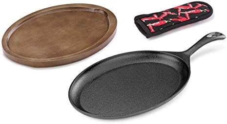 New Star Foodservice 1028614 Commercial Grade Cast Iron Fajita Set, Oval Sizzling Skillet, Japanese Steak Plate with Walnut-Stained Wood Base
