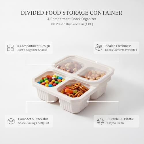 Home Organizers 4-Compartment Snack Box with Lid, Divided Dry Food