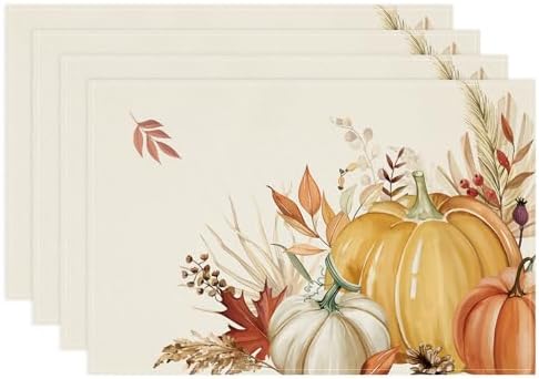 Bonhause Pumpkin Leaves Fall Placemats Set of 4, 12x18 Inch Autumn