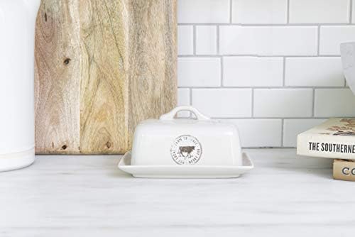 Creative Co-Op Stoneware Butter Dish with Cow Stamp and Farm-to-Table