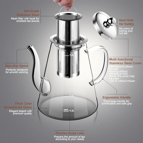 Glass Teapot, 1200ml (40oz) Tea Pot with Infuser for Loose Tea and