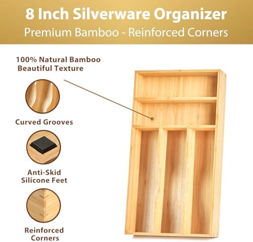 Umilife Bamboo Kitchen Drawer Organizer, 8 Inch Silverware Utensils