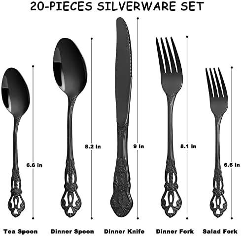 Black Silverware Set for 4, Stainless Steel Gorgeous Retro Royal