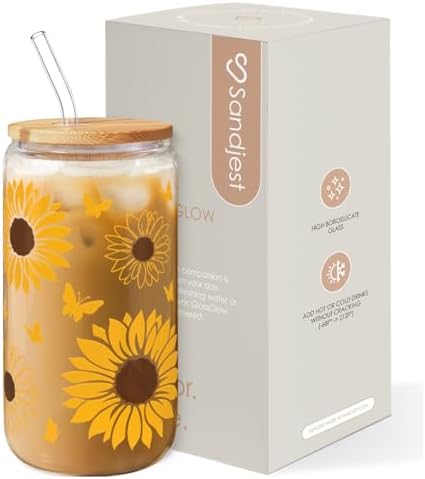 SANDJEST Sunflower Gifts for Women - Sunflower Cup 16 Oz Can Glass