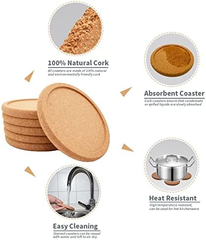 Cork Coasters for Drinks Absorbent - 6 Pcs 4 Inch Cork Coasters with