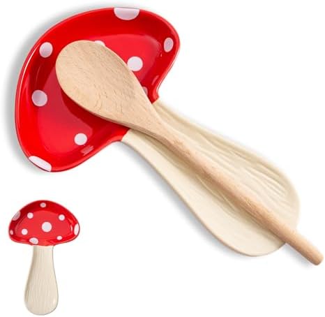 Ceramic Mushroom Spoon Rest, Farmhouse Spoon Holder, Red, 1PC