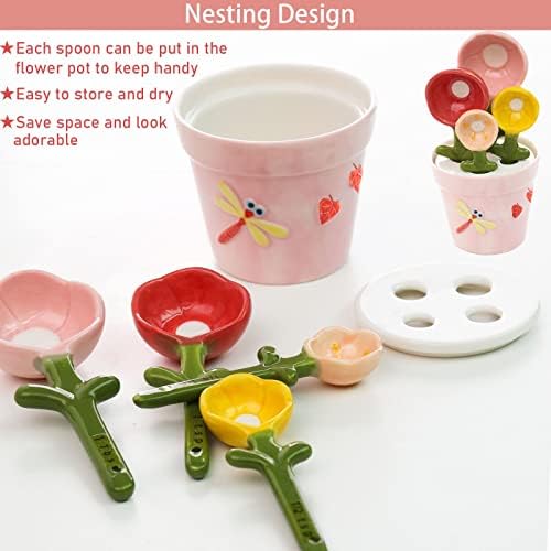 Flower Measuring Spoons Set in Pot Unique Baking Gifts Ceramic Cute