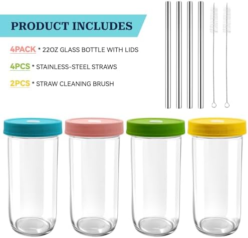 4 Pack Reusable Boba Cup 22OZ Wide Mouth Mason Jar Glass Drinking Cup
