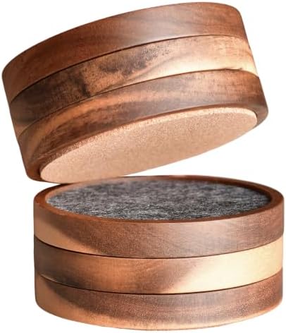 Acacia Wood Coasters 4.3 Inch Set of 6, Felt Top Cork Bottom