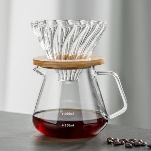 Pour Over Coffee Maker Set – Drip Coffee Pot with bamboo Handle, Glass