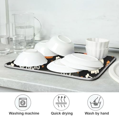 OTVEE Skeleton with Pumpkins Dish Drying Mat for Kitchen Counter