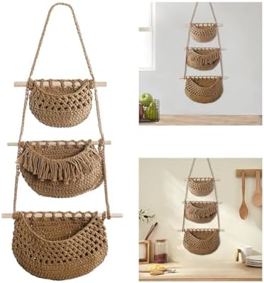 Hanging Fruit Baskets Indoor Planter Holder 3 Tiers Storage Bin Woven