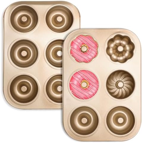 2PCS Carbon Steel 6-Cavity Donut Pan, Champagne Gold