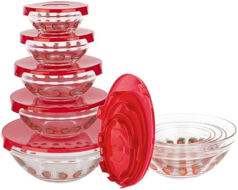 Classic Cuisine Glass Mixing Bowls with Lids, Strawberry, 10 Pack