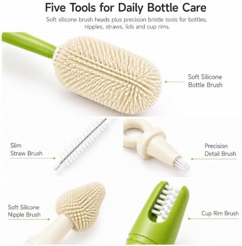 Baby Bottle Brush Set, 5 Cleaning Tools, Green