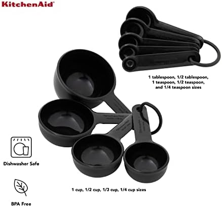 KitchenAid Universal Easy To Read Measuring Cup and Spoon Set with Soft Grip Handle for Maximum Control, Hang Hole and Nesting For Easy Storage, Dishwasher Safe, 9 Piece, Black
