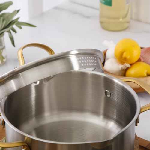 Oster Platinum Sunstreak Pots and Pans Set, 10-Piece Stainless Steel Cookware Set with Glass Strainer Lids and Gold Handles, Induction Cookware Set