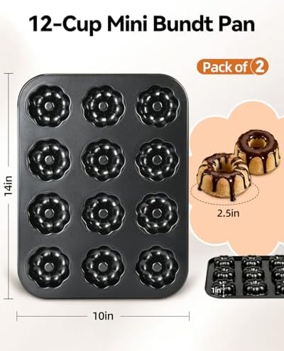 2 Pack Mini Bundt Cake Pans for Baking, 12 Cavity Nonstick Fluted Tube