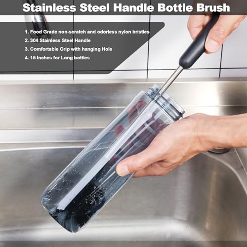Water Bottle Brush, 15 Inches Long Stainless Steel Handle Bottle Brush