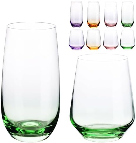 Set of 8 Drinking Glasses, Hand Blown, 4 Highball Glasses 18oz & 4