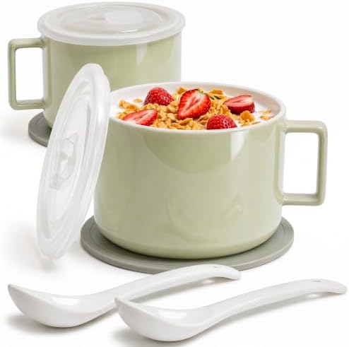 Ceramic Soup Bowls with Handles & Lids, Set of 2 with Spoons &
