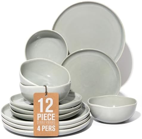 Pokini Stoneware Dinnerware Sets for 4, 12Pcs Ceramic Plates and Bowls