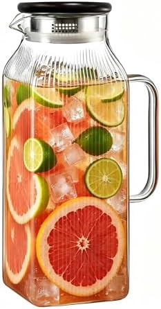 Glass Pitcher with Wooden Lid, 68 fl.oz Square Glass Carafe with