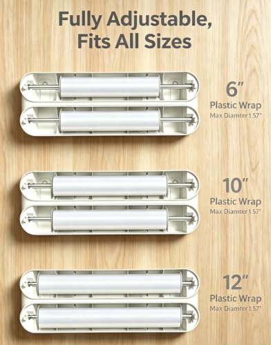 3-in-1 Plastic Wrap Dispenser with Cutter, Magnetic & Self-Adhesive Wall Mount for Aluminum Foil, Parchment Paper & Cling Wrap, Kitchen Organizer with Paper Towel Holder