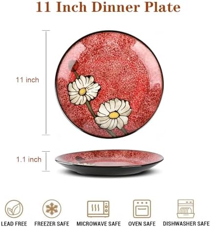 Ceramic Dinner Plates Set of 4, 11 Inch Underglaze Painting Large
