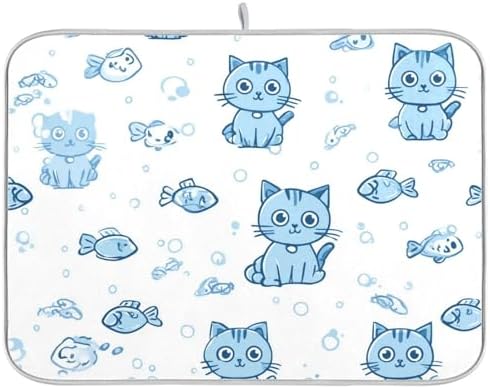 OTVEE Underwater Cat Print Dish Drying Mat for Kitchen Counter