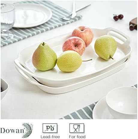 DOWAN Serving Tray with Handles, 15.4" Large Platters for Wedding Decor, Porcelain Serving Dish for Entertaining, White Plates for Salad Meat Fruit Dessert, Set of 2