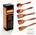 5 PCs Teak Wooden Utensil Set with Hooks, Wooden Spoons for Cooking
