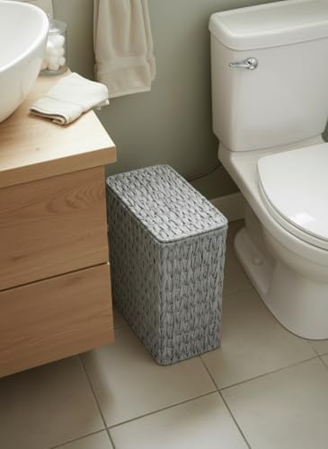 Coeusy Small Wicker Bathroom Trash Can with Lid, Grey