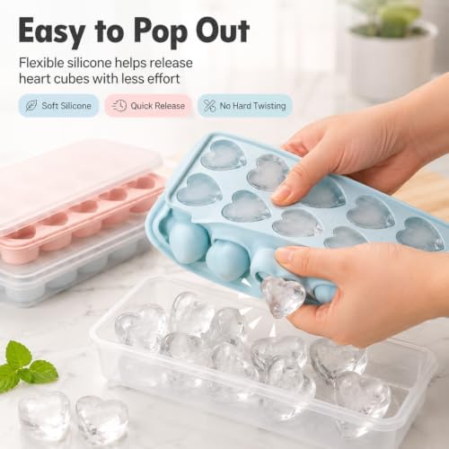 2 Pack Heart Shpaed Ice Cube Trays with Lids and Bins Ice Molds with