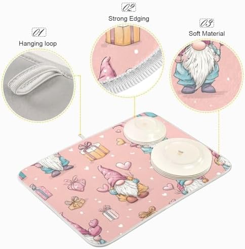 OTVEE Gnome Love Art Dish Drying Mat for Kitchen Counter Absorbent
