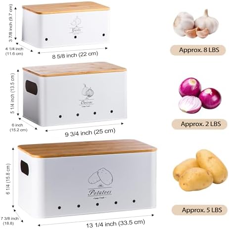 Metal Potato Onion Garlic Storage Tin Set of 3, White