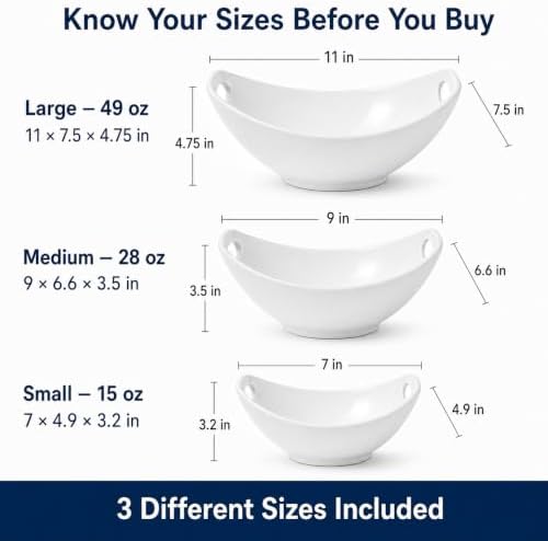White Ceramic Serving Bowls with Handles, Set of 3, 15-49 oz