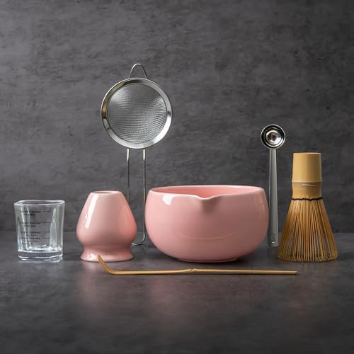 YIBO Matcha Whisk Set Pink, Handcrafted Bamboo Chasen & Ceramic Bowl