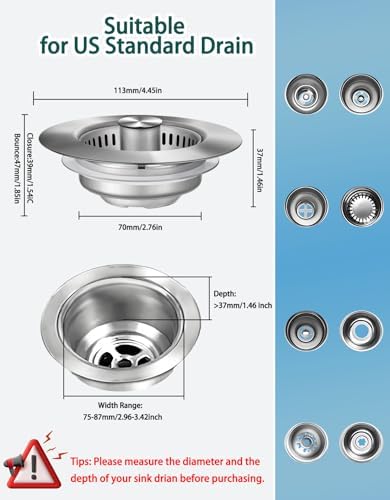 3 in 1 Kitchen Sink Drain Strainer 2 Pack - Stainless Steel Pop Up