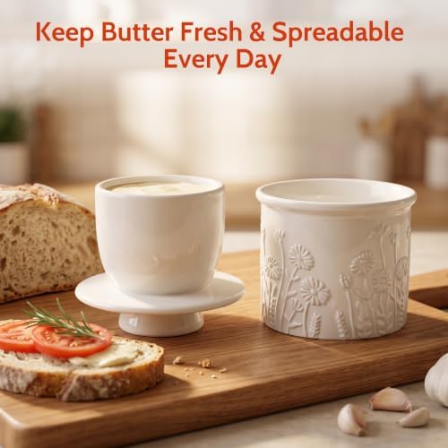 Sweese Ceramic Butter Crock, 4 oz French Butter Keeper with Embossed