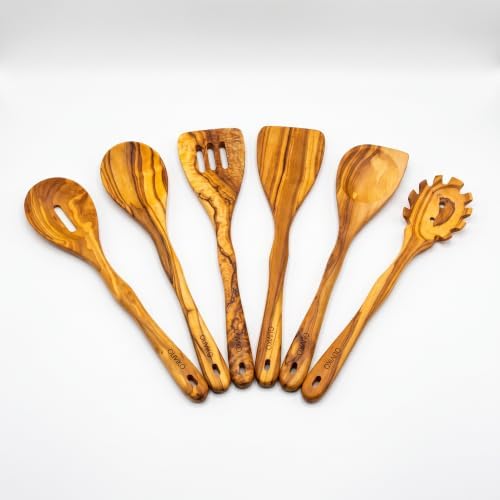 100% Olive Wood Handmade 6 Spoon Set - Wooden Kitchen Utensils
