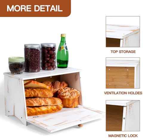 DAOYOUSKY Bamboo Bread Box for Kitchen Countertop, White Vintage Wooden Counter Breadbox, Single Layer Rustic Wood Large Capacity Bread Storage Container Bin