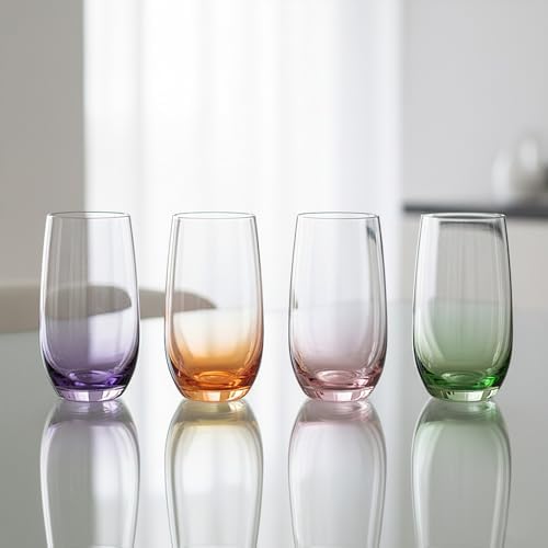Set of 8 Drinking Glasses, Hand Blown, 4 Highball Glasses 18oz & 4