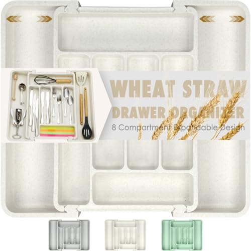 FANCILLA Silverware Drawer Organizer, 6-8 Wider Slots, White