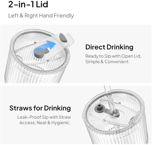 KEMORELA 20oz Ribbed Glass Tumblers with Lids and Straws,Iced Coffee