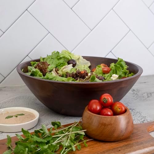 Luxe Designs 12" Dark Burnt Wooden Salad Bowl Set with Serving
