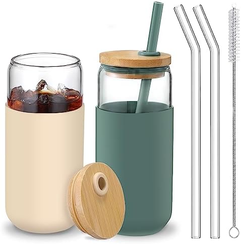 20 OZ Glass Cups with Bamboo Lids and Straws - Beer Can Drinking