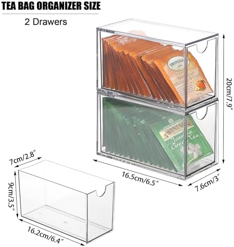 ELLDOO 2 Drawers Tea Bag Organizer, Clear Acrylic Stackable Tea Bag